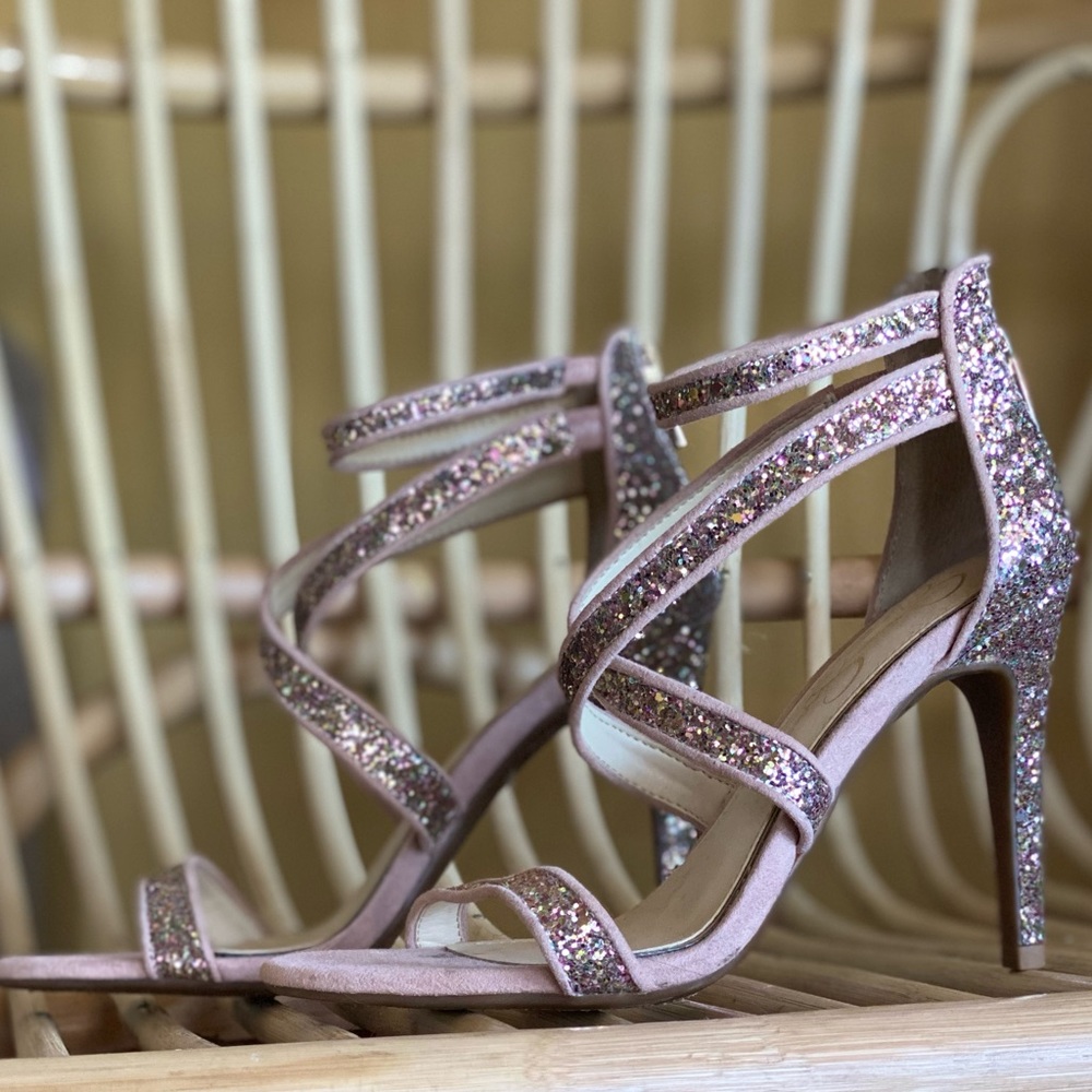Jessica Simpson - Rose Gold glitter strappy heels